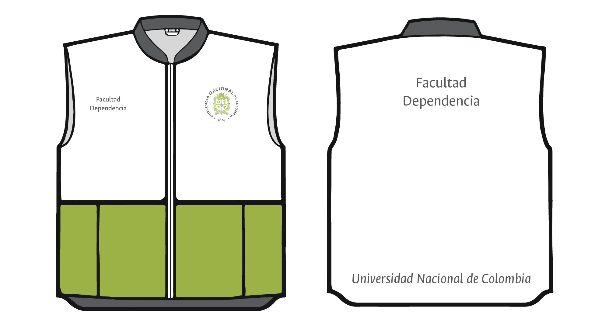 Aplicación del logosímbolo y firma institucional  en chaqueta, chalecos y camisas institucionales.  Logosímbolo circular verde (2 colores) sobre tela blanca.